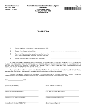 Automobile Insurance Sales Practices Litigation Claim Form