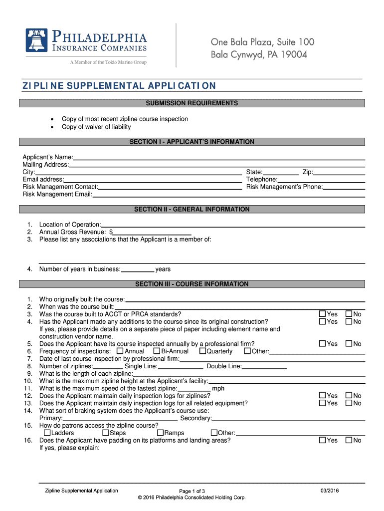 Fillable Online ZIPLINE SUPPLEMENTAL APPLICATION Fax Email