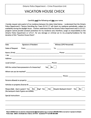 Ontario Police Vacation House Check Request