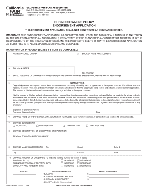 California Fair Plan Businessowners Policy Endorsement Application