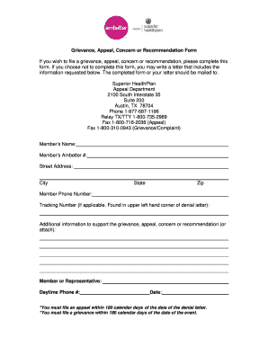 Grievance Appeal Concern Recommendation Form