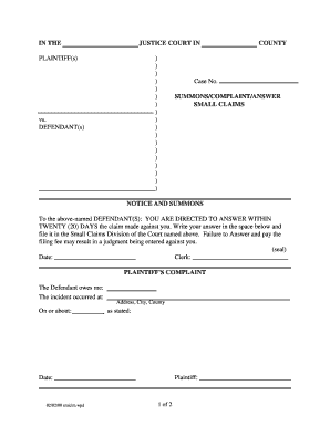 Small Claims Court Summons Complaint Answer
