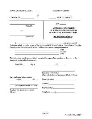 Admission of Service of Summons, SD Parenting Guidelines, and Complaint
