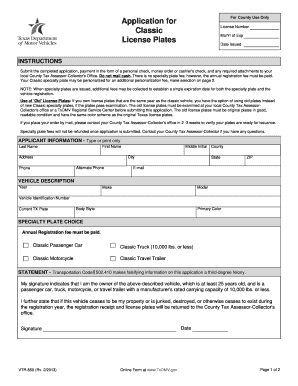 Texas Classic Vehicle License Application