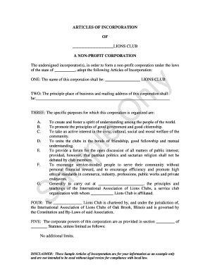 Articles of Incorporation for Lions Club