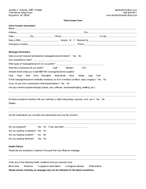 Client Intake Form for Massage Therapy