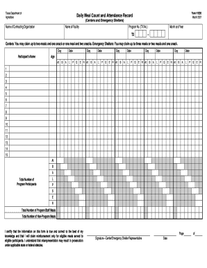 Texas Agriculture Daily Meal Count and Attendance Record Form