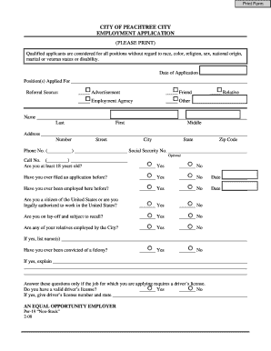 City of Peachtree City Employment Application
