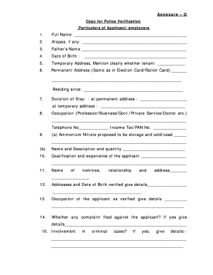 Police Verification Form for Ammonium Nitrate Storage