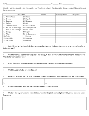 Nutrition and Health Worksheet