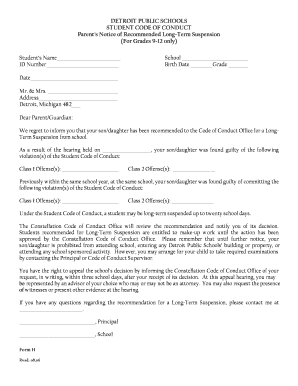 Detroit Public Schools Student Code of Conduct Suspension Notice