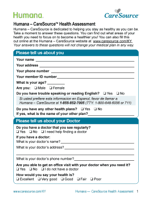 Humana CareSource Health Assessment Form
