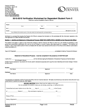 2015-2016 Verification Worksheet for Dependent Student