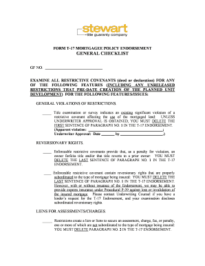 Form T-17 Mortgagee Policy Endorsement Checklist