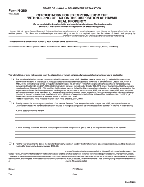 Hawaii Form N-289 Certification for Tax Exemption