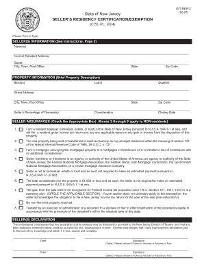 New Jersey Seller's Residency Certification/Exemption