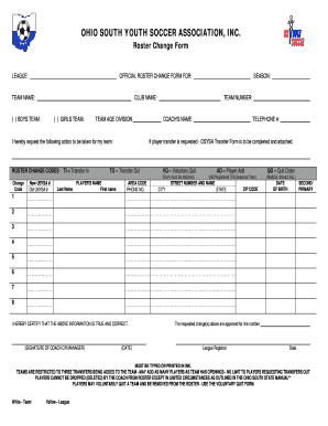 Ohio South Youth Soccer Roster Change Form