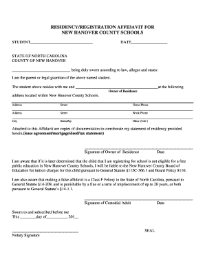 Residency Registration Affidavit for New Hanover County Schools