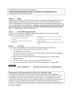 Kansas Nondriver ID Card Fee Waiver Form