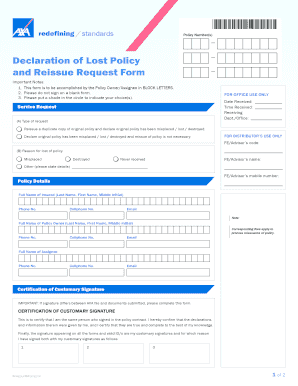 Declaration of Lost Policy and Reissue Request Form