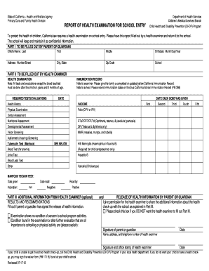 California School Entry Health Examination Report