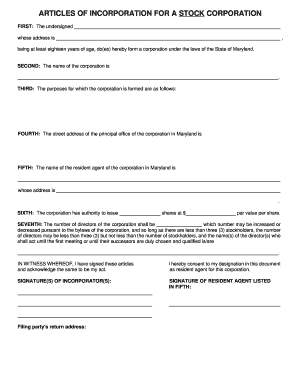 Maryland Articles of Incorporation for a Stock Corporation