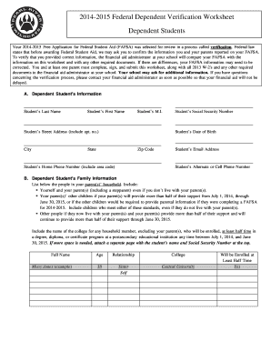 2014-2015 Federal Dependent Verification Worksheet