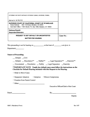 California Request to Set Default or Uncontested Hearing