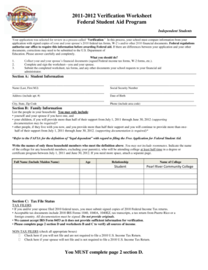 2011-2012 Verification Worksheet for Federal Student Aid