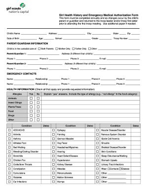 Girl Health History and Emergency Medical Authorization Form