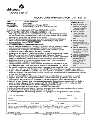 Troop Cookie Manager Appointment Letter