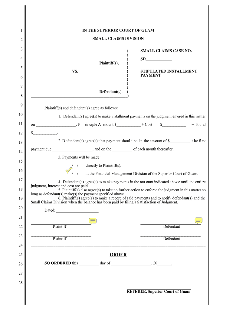 Small Claims Court - Stipulated Installment Payment Stipulated Installment Payment - guamselfhelp Preview on Page 1