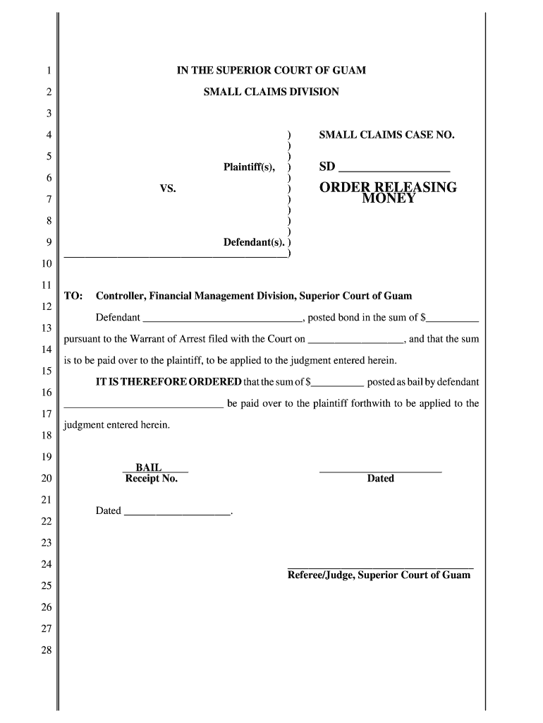 Small Claims Court - Order Releasing Money Order Releasing Money - guamselfhelp Preview on Page 1