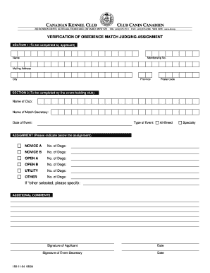 Canadian Kennel Club Obedience Match Assignment Form