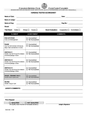 Canadian Kennel Club Herding Test Score Sheet
