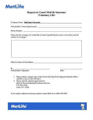 Request to Cancel MetLife Insurance