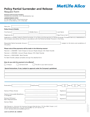 Policy Partial Surrender and Release Request Form