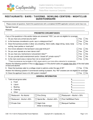 Restaurant/Bar/Tavern/Nightclub Insurance Questionnaire