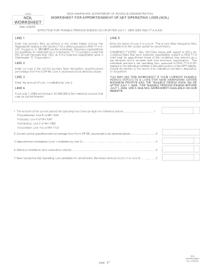 New Hampshire NOL Worksheet for Apportionment