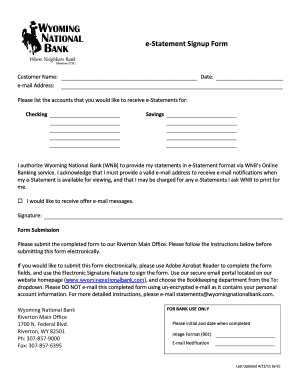 Wyoming National Bank e-Statement Signup Form