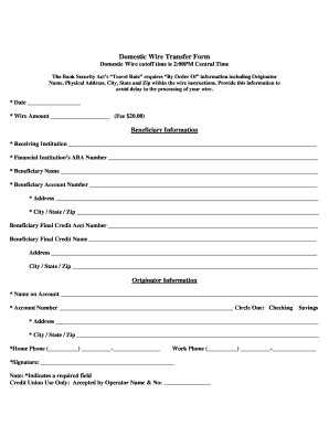 Domestic Wire Transfer Form