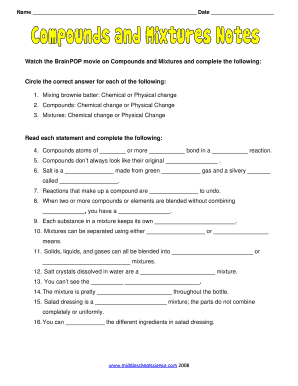 Compounds and Mixtures Worksheet
