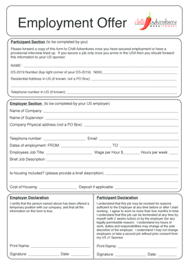 US J1 Visa Employment Offer Form