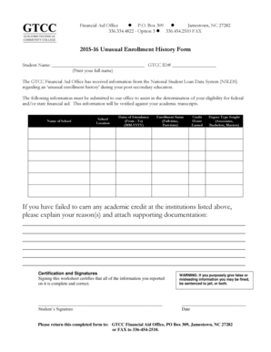 Federal student loan database - 2510 FAX 201516 Unusual Enrollment History Form Student Name: GTCC ID# (Print your full name) The GTCC Financial Aid Office has received information from the National Student Loan Data System (NSLDS) regarding an unusual enrollment history