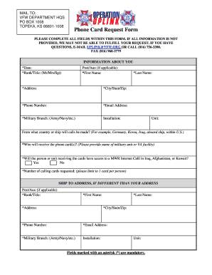 VFW Phone Card Request Form