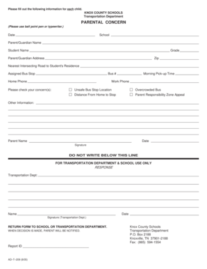 Knox County Schools Parental Concern Form