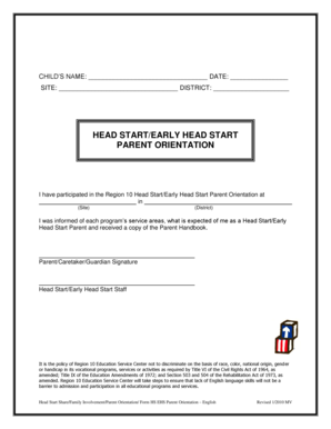Head Start Parent Orientation Form