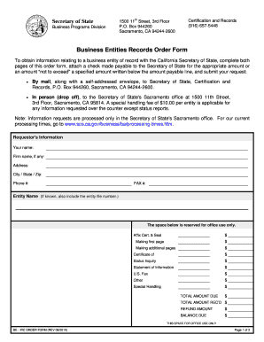 California Business Entities Records Order Form