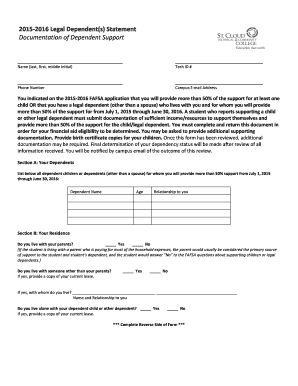 2015-2016 Legal Dependent Support Statement