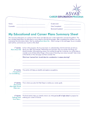 Educational and Career Plans Summary Sheet
